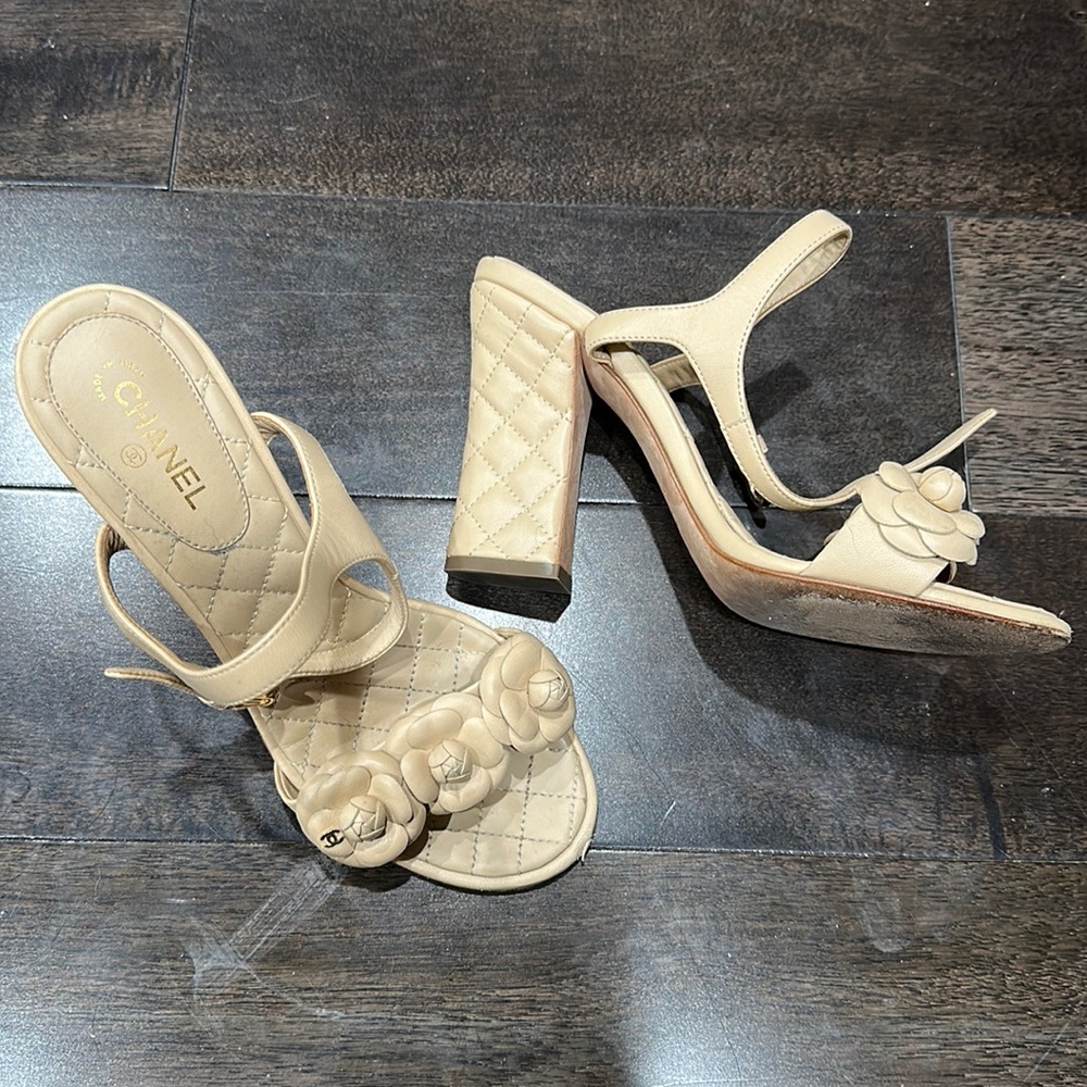 CHANEL Beige Camellia Quilted High Heel Sandals